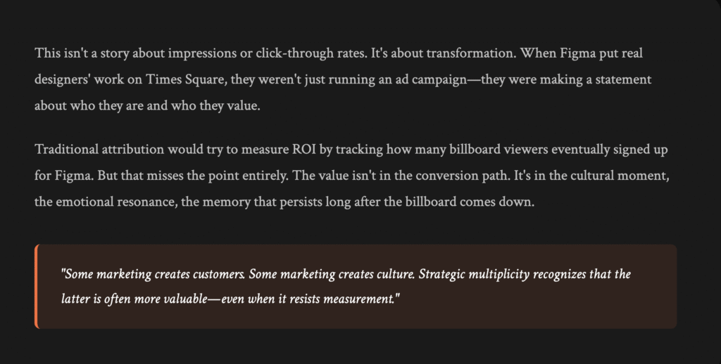 Marketing quote emphasizing transformation over impressions showing Figma's campaign values authenticity and cultural impact
