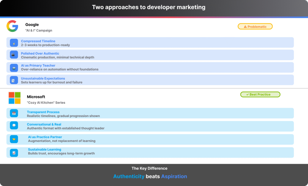 Comparison infographic showing Google's problematic AI & I campaign versus Microsoft's authentic Cozy AI Kitchen approach
