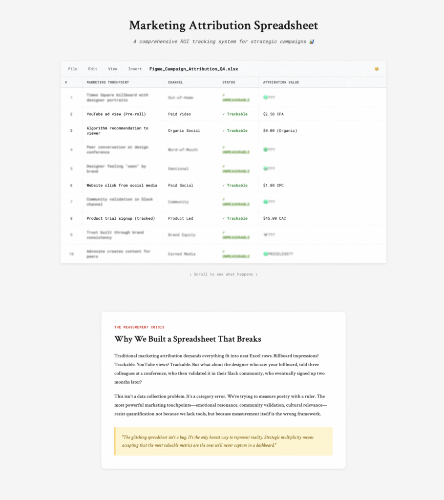 Marketing attribution spreadsheet showing trackable versus unmeasurable touchpoints highlighting measurement crisis in B2B marketing
