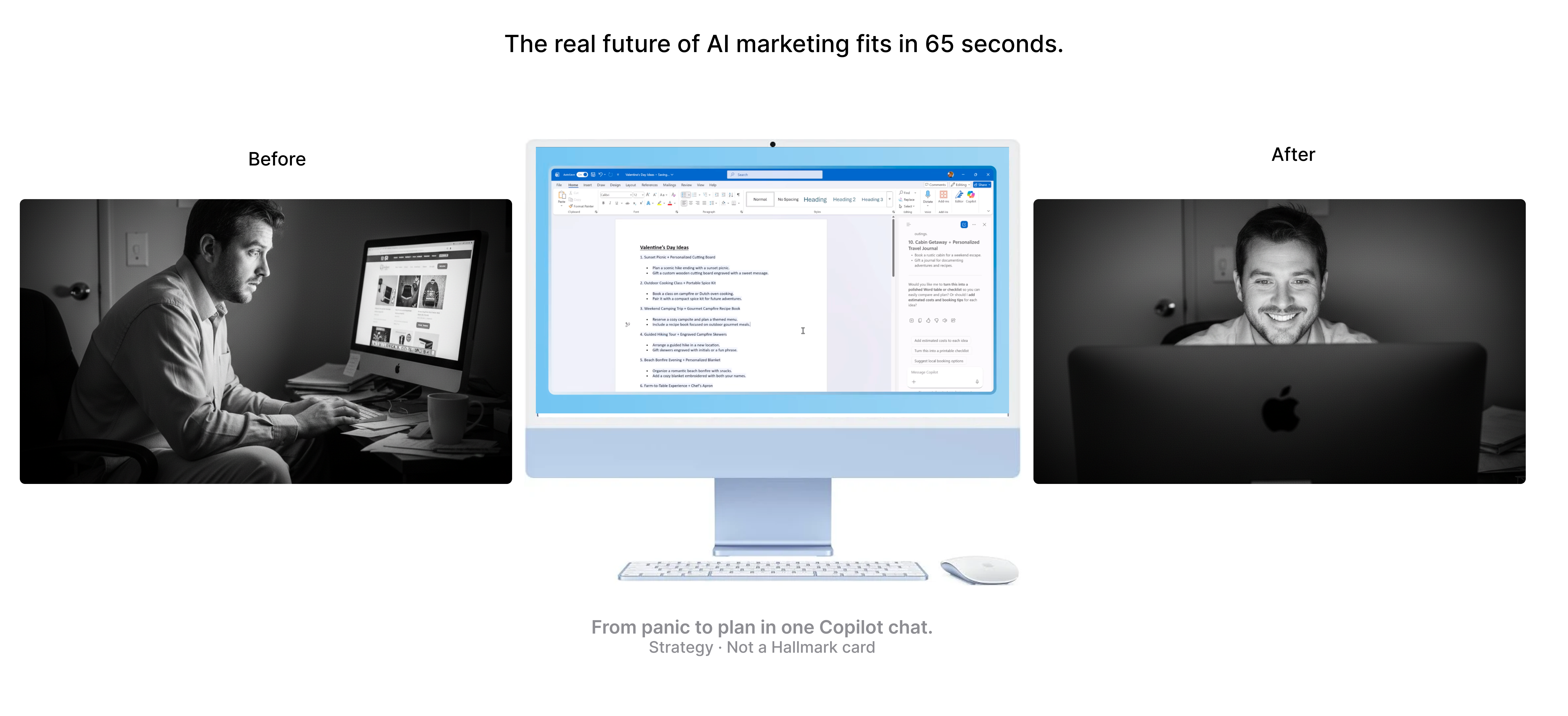 Before‑and‑after view of a man struggling to find Valentine’s gifts and a Microsoft Word Copilot chat solving it in 65 seconds