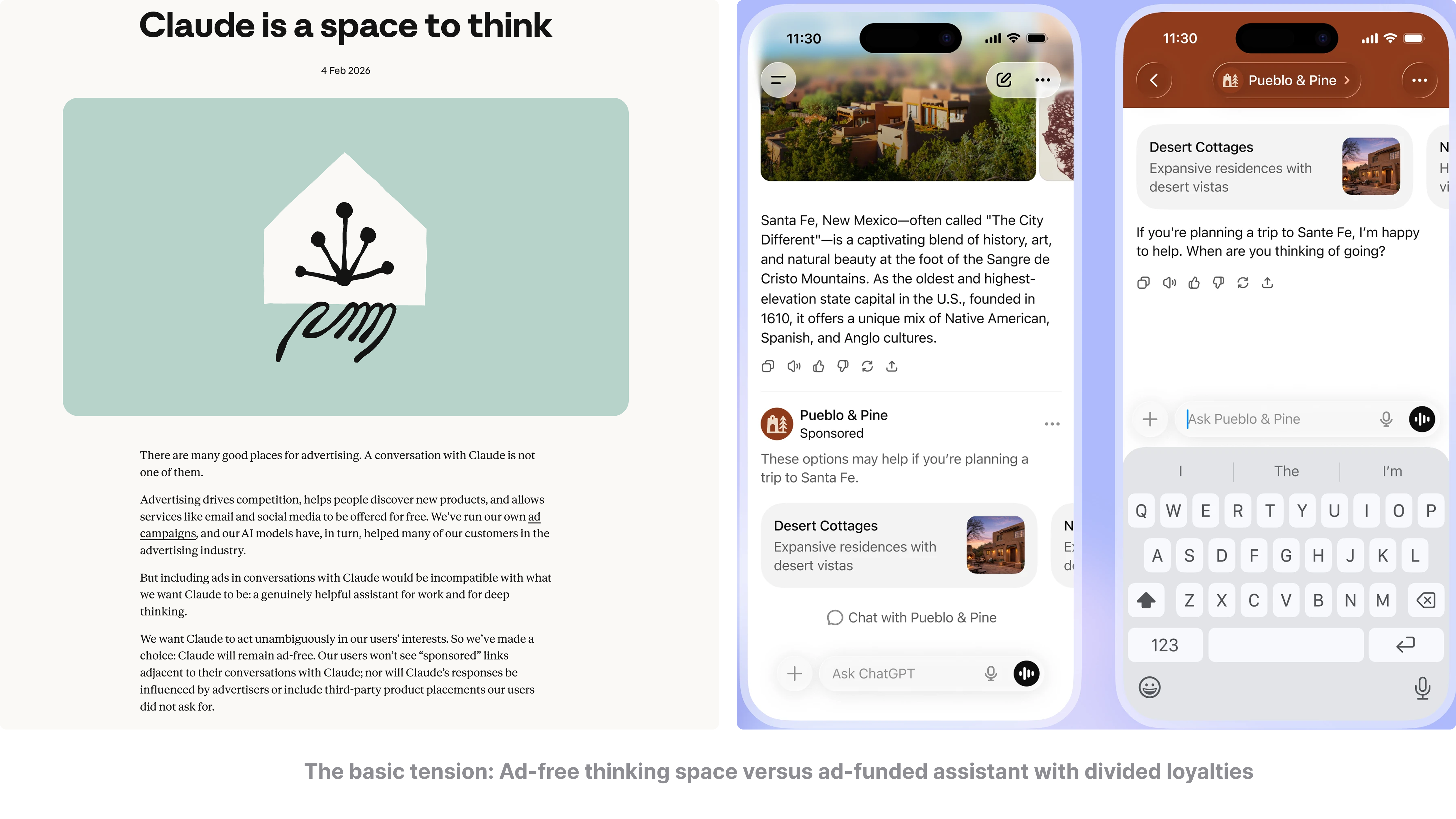 Split-screen showing OpenAI's ChatGPT ads explainer beside Anthropic's Claude is a space to think page, illustrating two futures for AI assistants