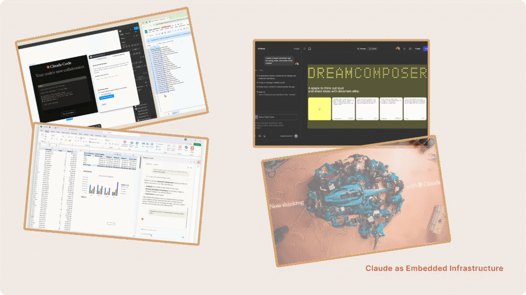 Screenshot collage showing Claude inside Claude Code, spreadsheets, a creative tool and a Williams F1 pit‑crew shot, illustrating Claude as embedded infrastructure.
