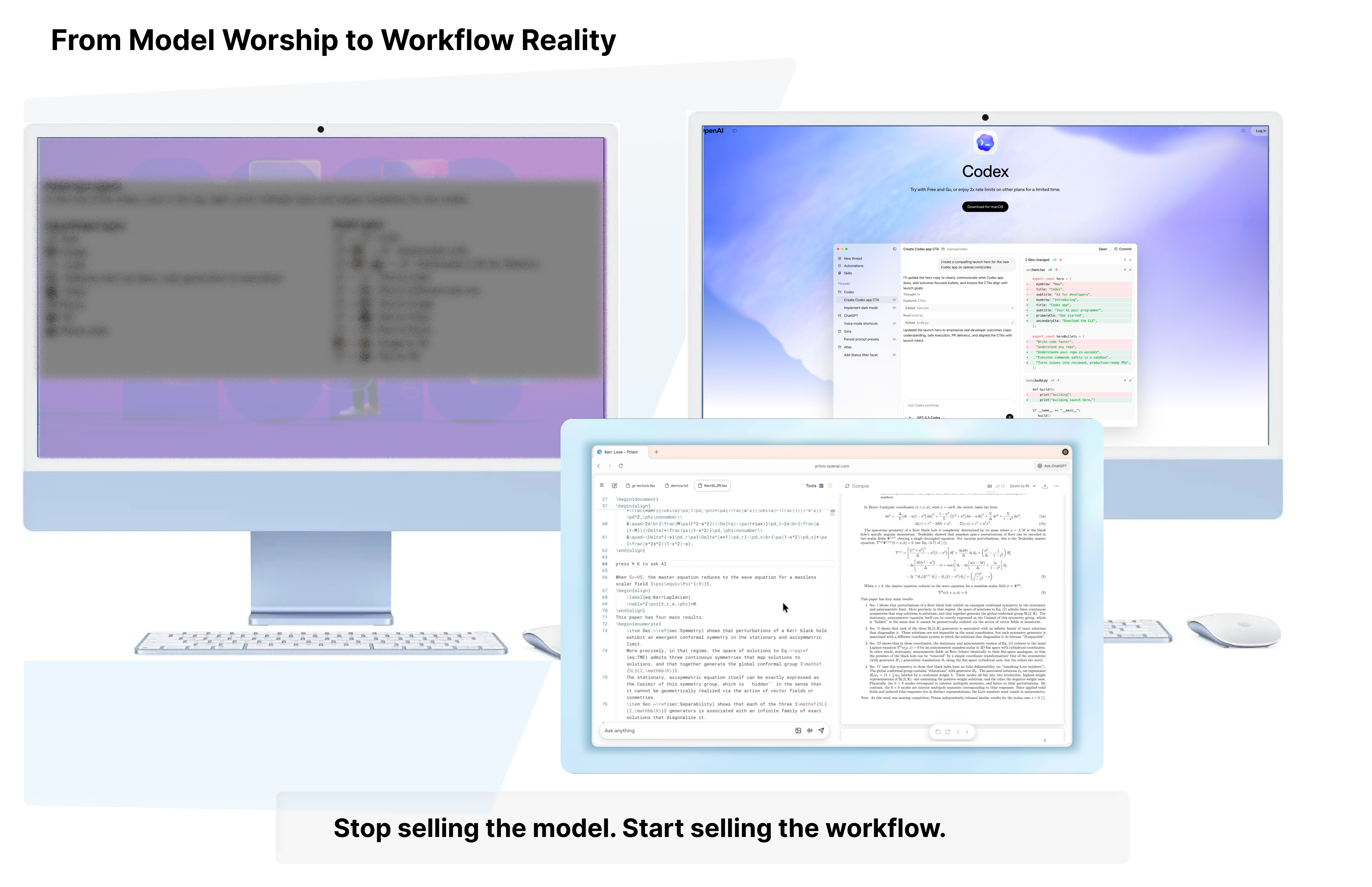Illustration contrasting a blurred model‑centric AI slide with Codex and Prism workspaces to show the shift to workflow‑focused AI marketing.