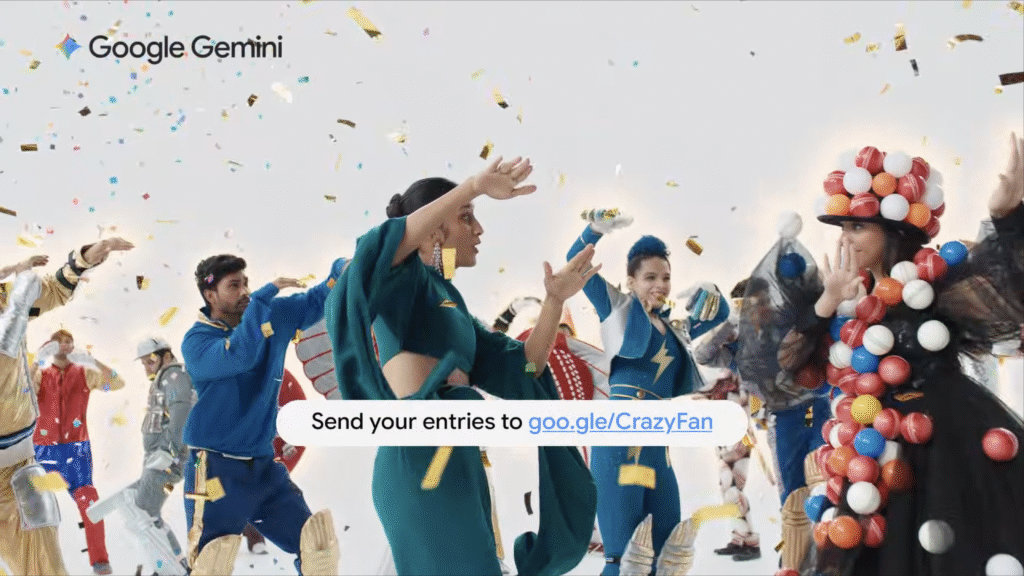 Google Gemini cricket fan contest scene with confetti as fans in AI-designed costumes dance and a banner invites viewers to send entries to the CrazyFan link