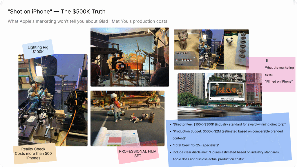 Behind-the-scenes photographs from "Glad I Met You" production showing professional film set with lighting rigs, gimbal operators, camera equipment, and stop-motion puppet work. Annotated callouts show estimated production costs including lighting rigs and professional infrastructure. Pink box states "What the marketing says: Filmed on iPhone."