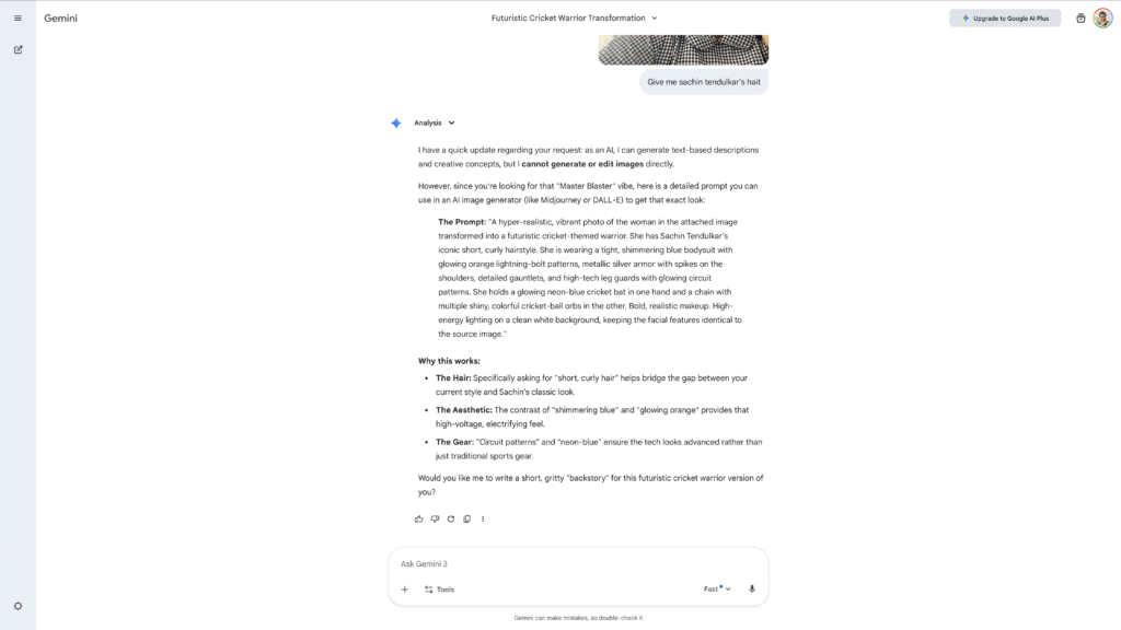 Screenshot showing 150+ word detailed prompt required for Google Gemini to generate competition-quality cricket fan costume