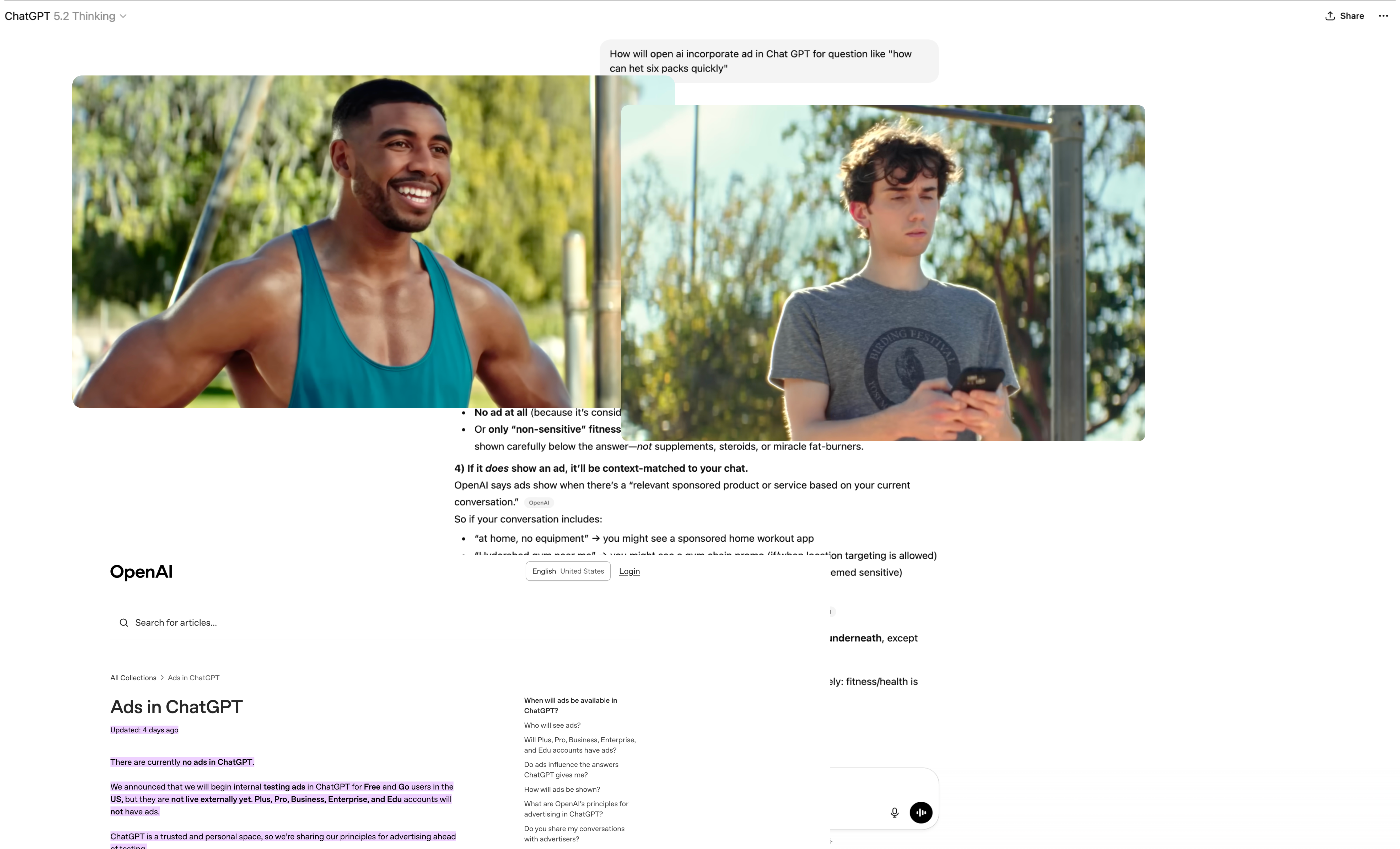 Composite showing a clean Claude chat on the left and a ChatGPT conversation with sponsored content on the right, highlighting how ads can interrupt intimate AI help