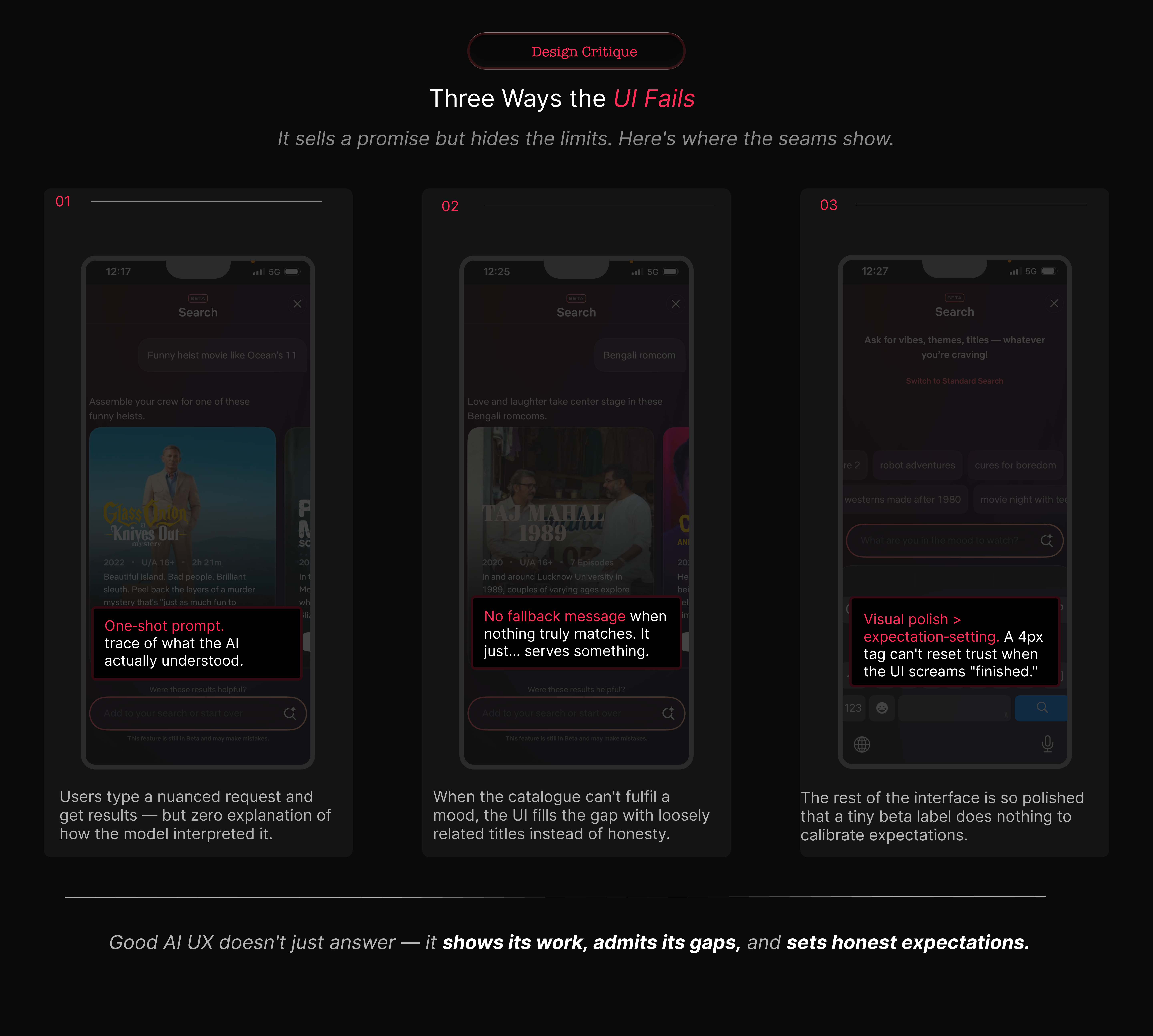 Three annotated screenshots of Netflix AI search highlighting one‑shot prompts, missing fallback messages, and overconfident visual polish.
