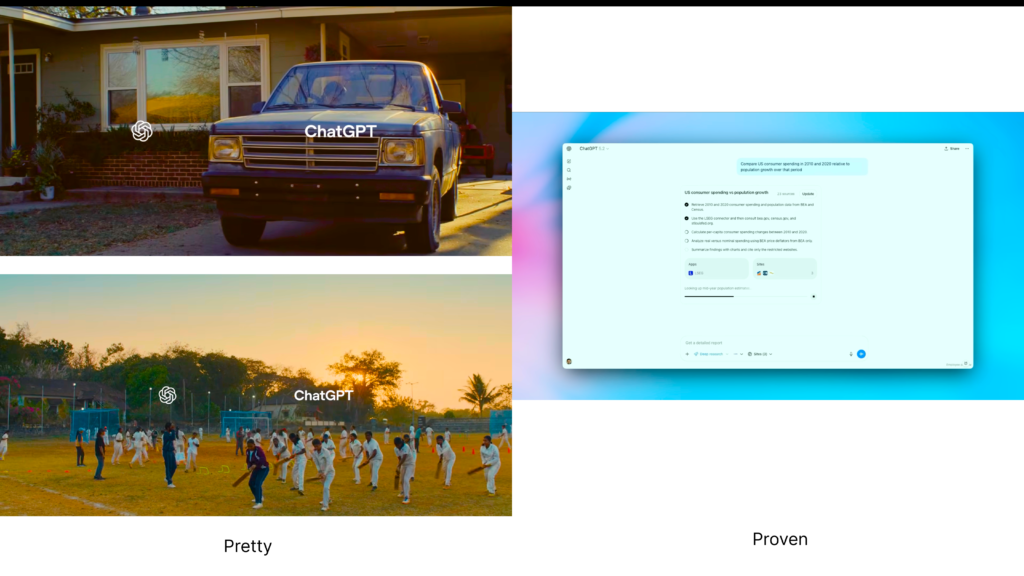 Split-screen comparison of ChatGPT brand ads on the left and ChatGPT product interface on the right, labelled Pretty vs Proven.