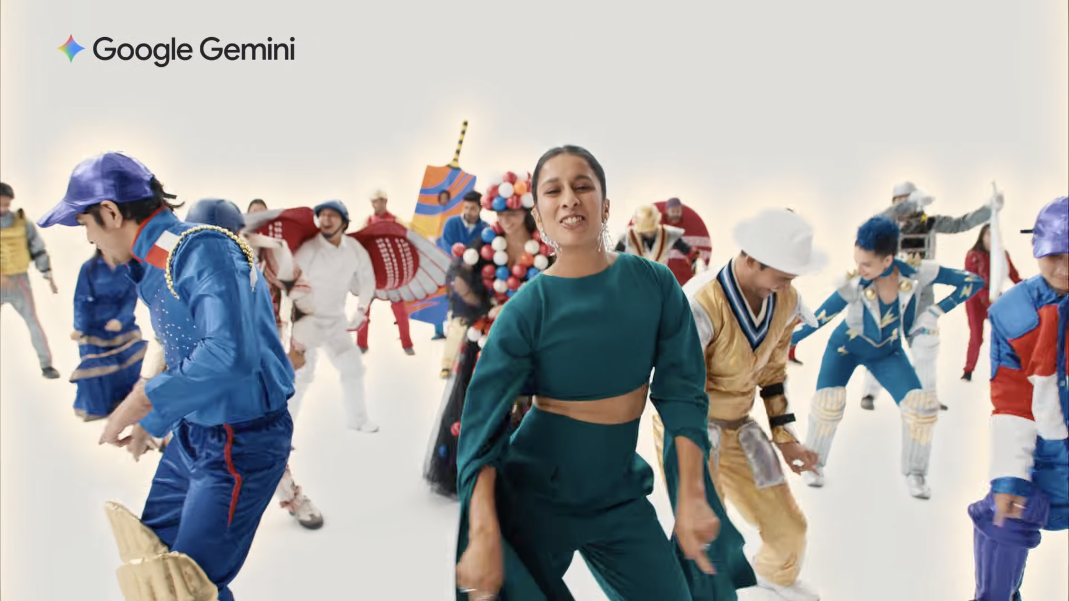 Jemimah Rodrigues dancing in Google Gemini cricket campaign video surrounded by AI-generated fan costume characters