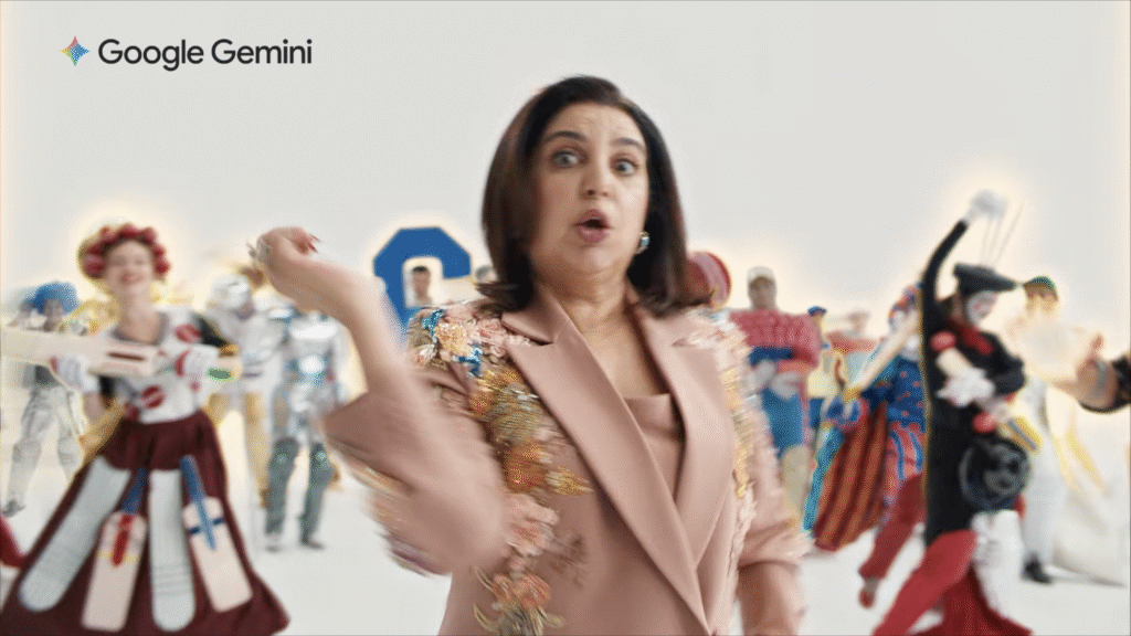 Farah Khan in Google Gemini campaign video surrounded by Bollywood-style AI-generated cricket fan costume characters