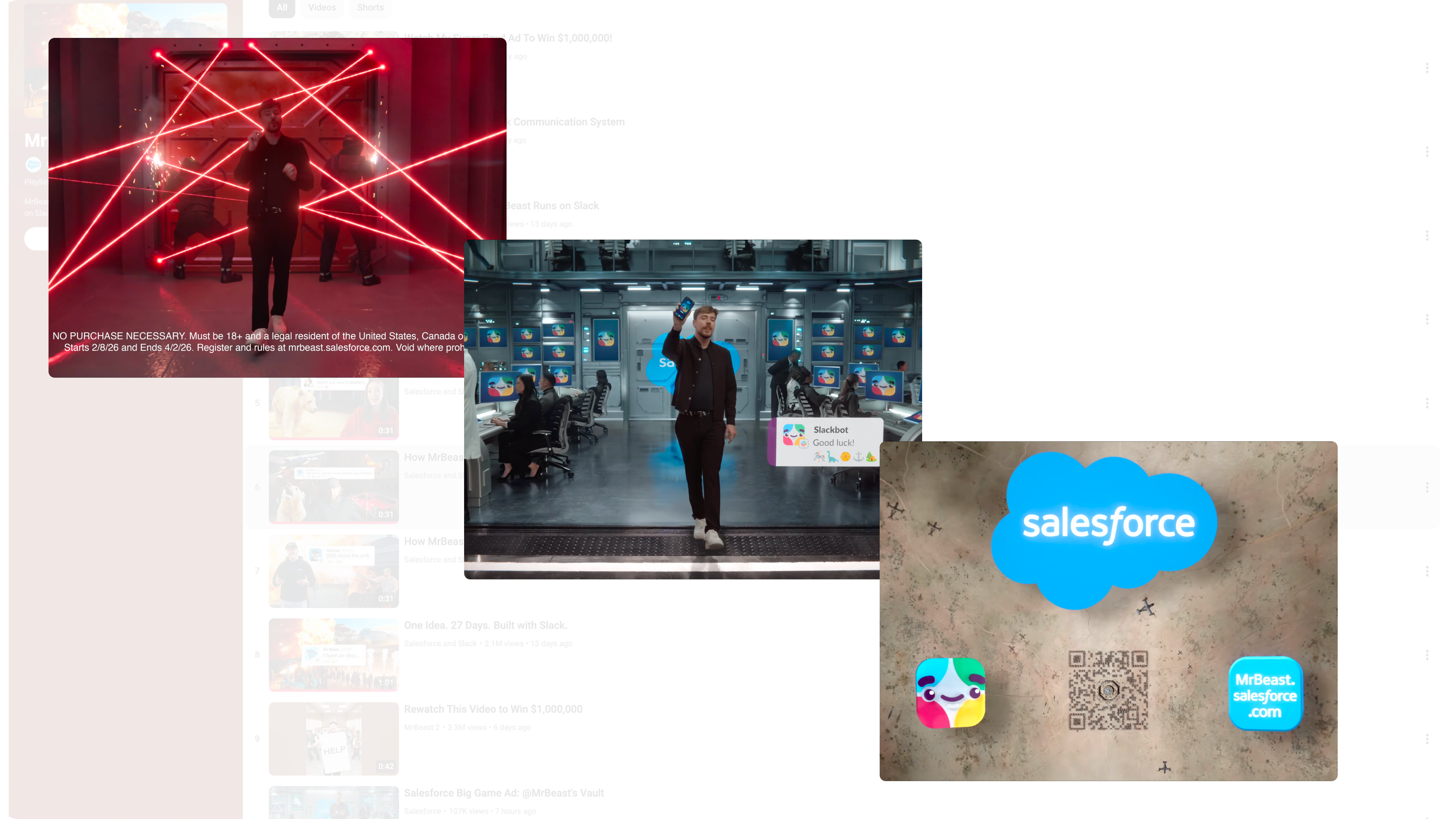 “MrBeast standing inside a laser‑guarded vault in Salesforce’s Super Bowl ad, holding up his phone with Slackbot on screen