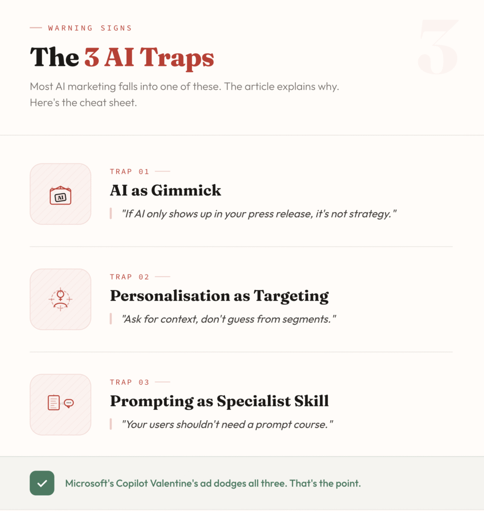 Three AI marketing traps: AI as gimmick, personalisation as targeting, prompting as specialist skill