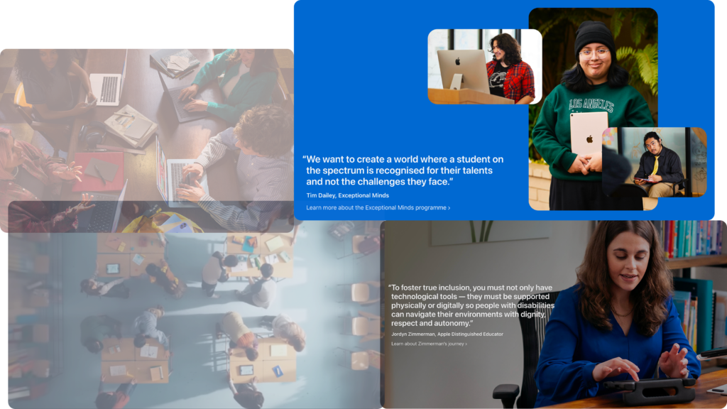 Collage contrasting Apple’s accessibility campaign images and quotes about disabled students with a faded overhead shot of a neat, non‑disabled classroom from the education film.