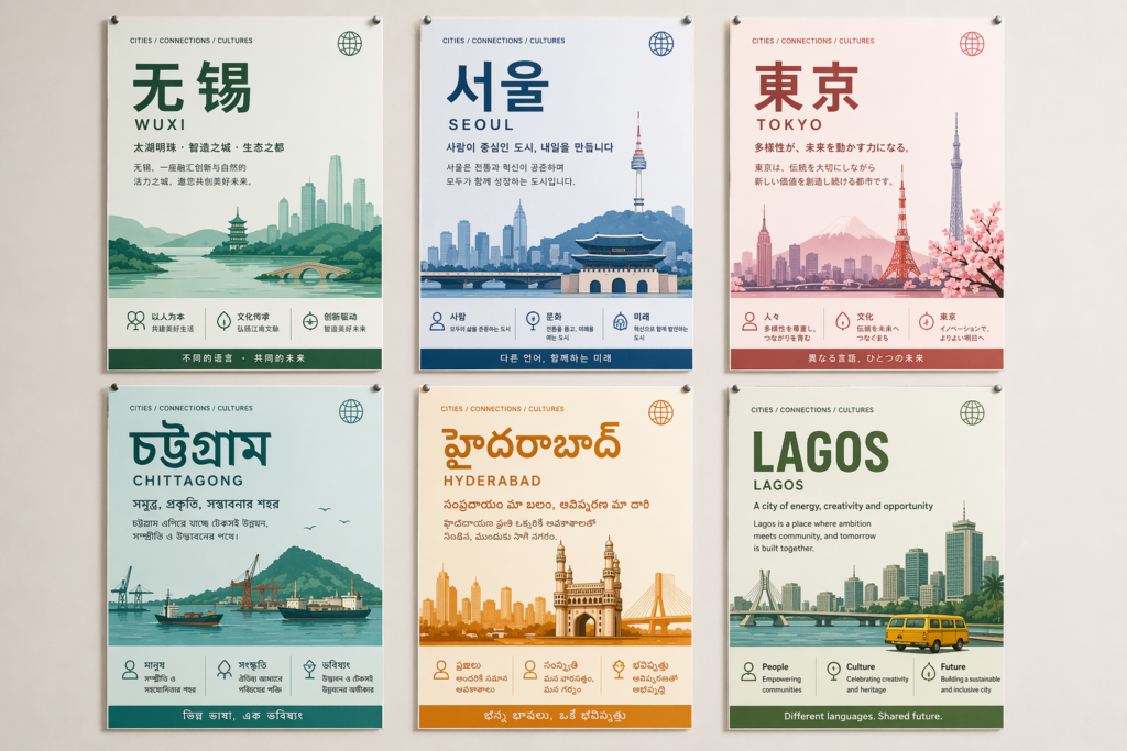Six city posters on a wall showing Wuxi, Seoul, Tokyo, Chittagong, Hyderabad and Lagos in different scripts.