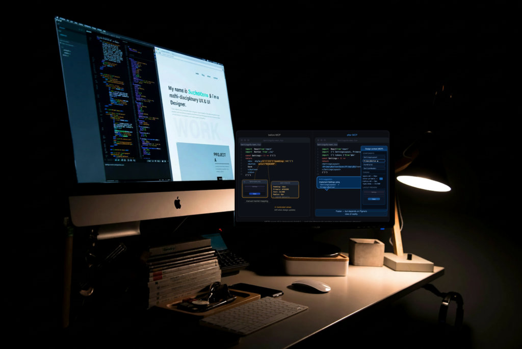 Developer desk showing code editor before and after MCP‑aware AI suggestions