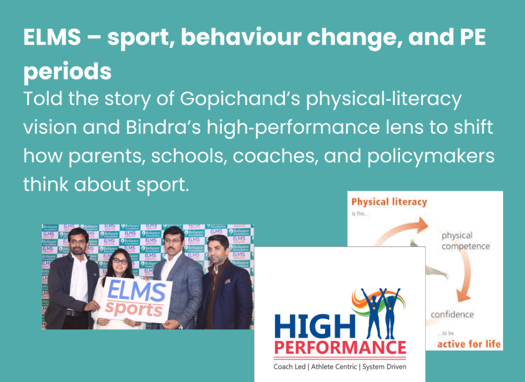 ELMS physical literacy programs. ELMS sports and High Performance logos with photos from physical literacy programs.