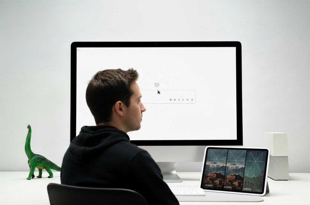 Person sitting at a desk in front of a large, almost empty computer screen with a single input bar, suggesting an AI system working in the background.