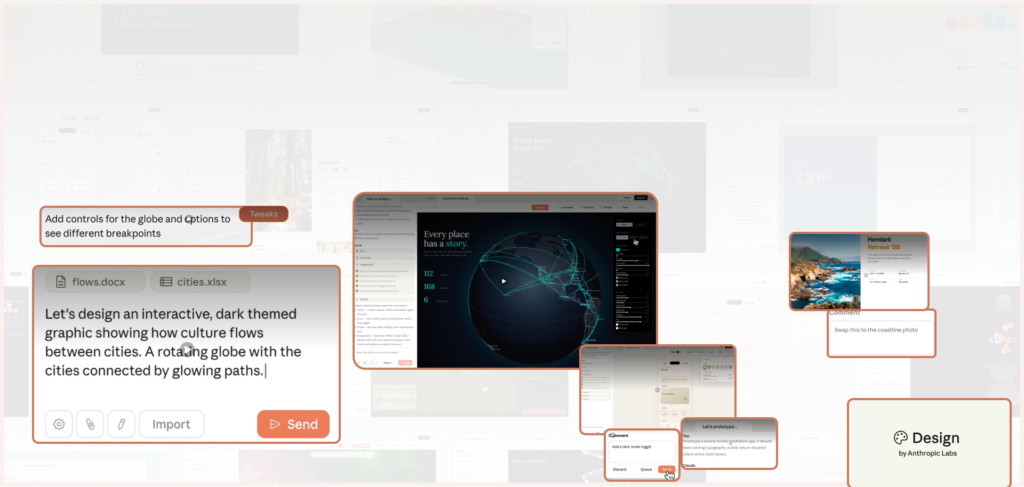 Claude Design turning a text brief into an interactive globe prototype and related visual layouts.
