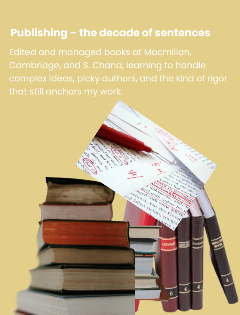 Publishing – the decade of sentences Stack of books and edited manuscripts representing a decade of publishing experience.