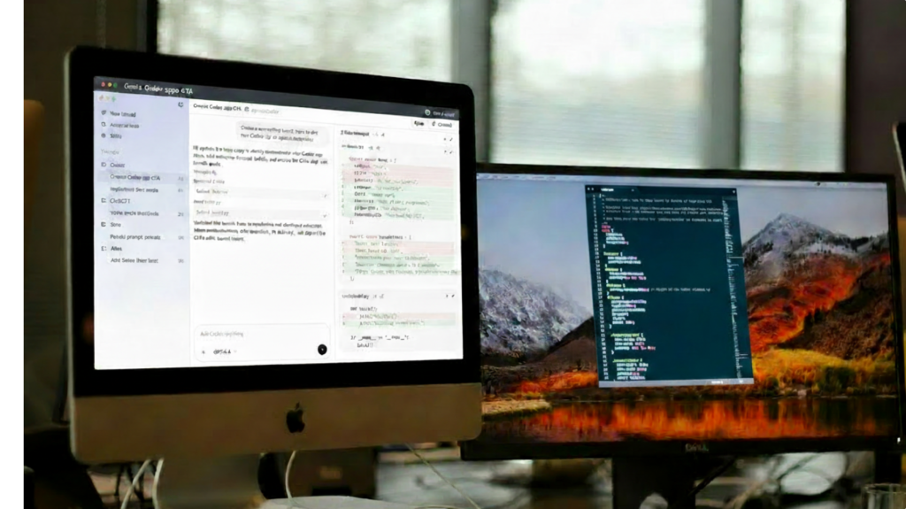 Two monitors on a developer desk, one showing an AI assistant with code diffs and the other showing a code editor.