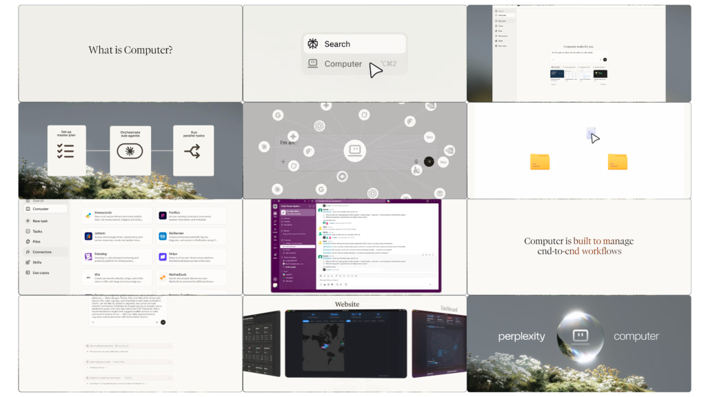 Collage of Perplexity Computer screens showing orchestration diagrams, connectors, chat outputs, and final websites and dashboards.
