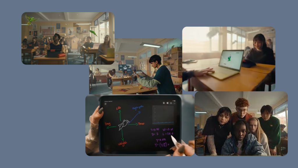 Collage of scenes from Apple’s education film showing parrots in a classroom, students using iPads, a MacBook‑style laptop and a flight diagram on screen.