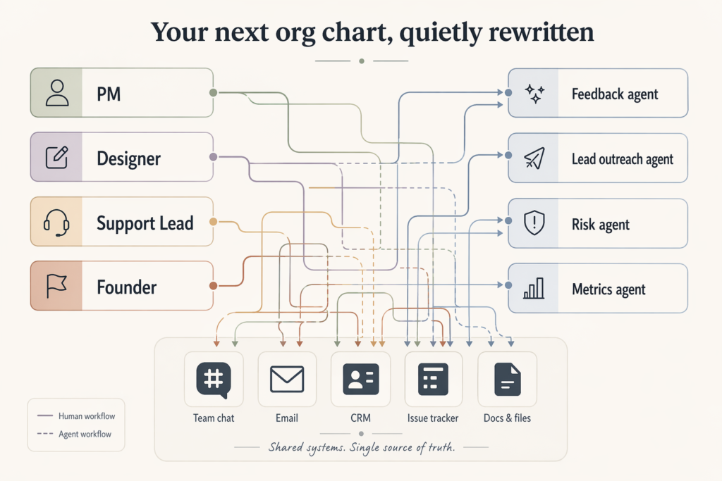 Diagram showing PM, designer, support lead and founder connected alongside feedback, lead outreach, risk and metrics agents to the same chat, email, CRM and docs systems.