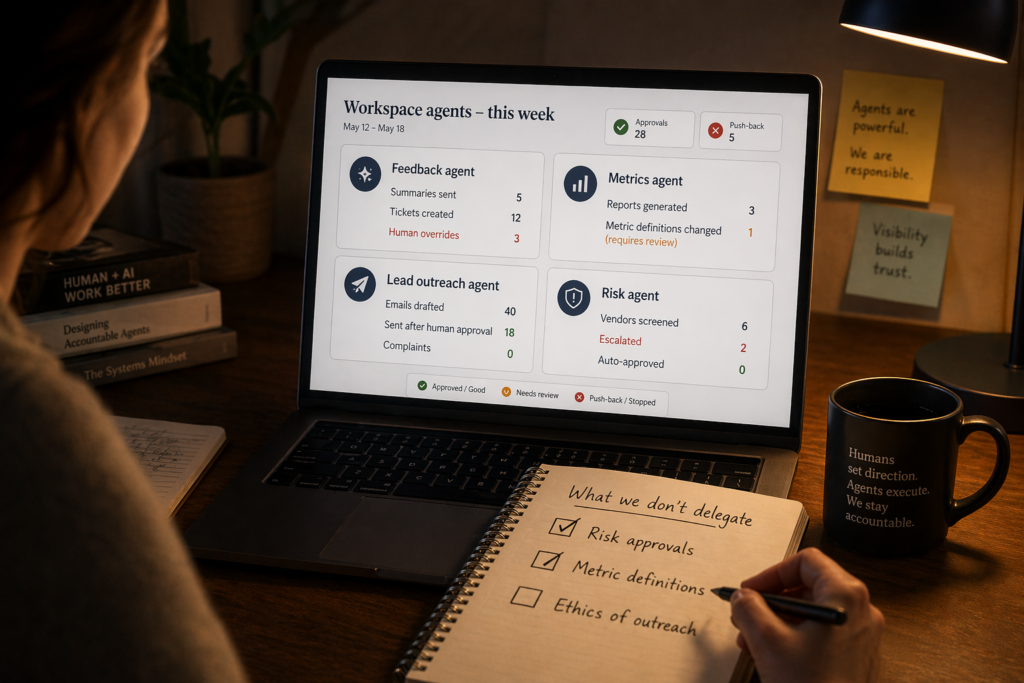 Person reviewing a dashboard of workspace agents’ weekly activity on a laptop, with a handwritten checklist titled ‘What we don’t delegate’ listing risk approvals, metric definitions and ethics of outreach.