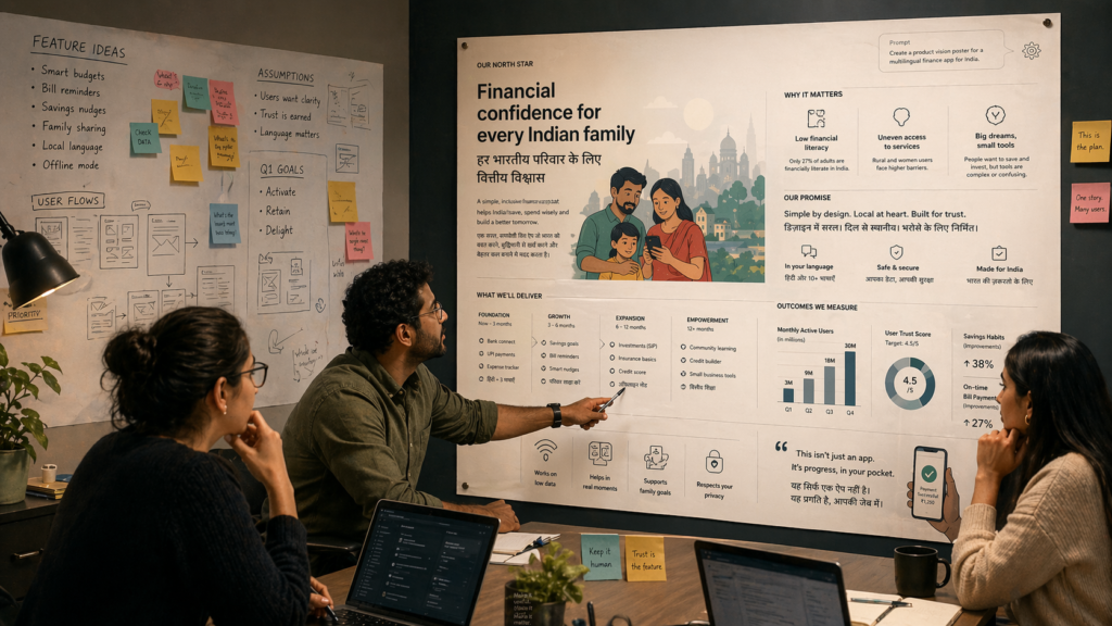 Product team in a war room reviewing a large AI-generated strategy poster for an Indian finance app.