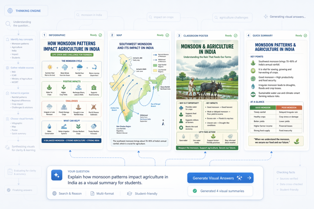 Interface showing an AI thinking engine turning a question about monsoon and agriculture in India into four different visual summaries.