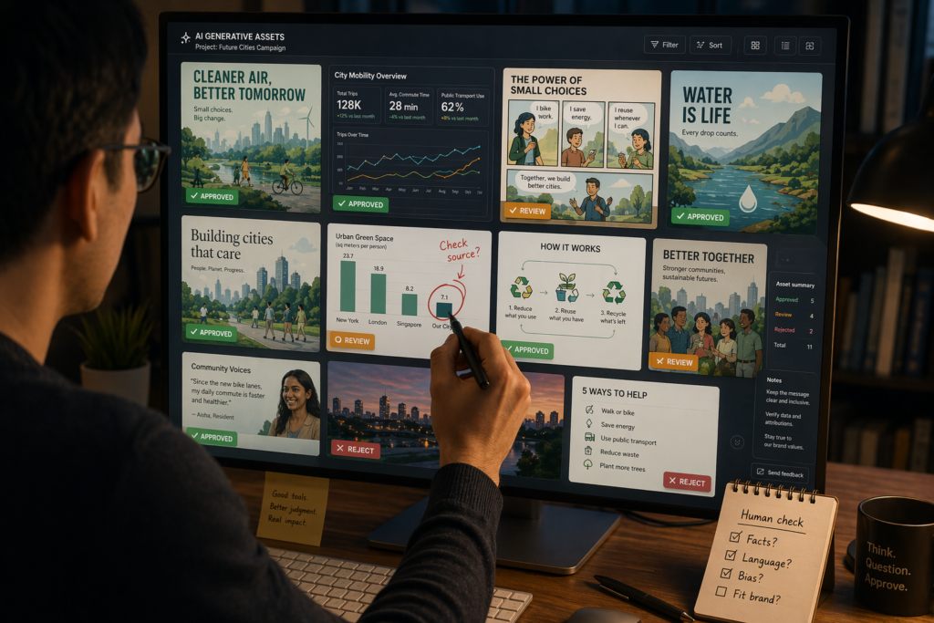 Person reviewing AI-generated campaign visuals on a monitor with approve, review and reject tags and a notepad labelled ‘Human check’.