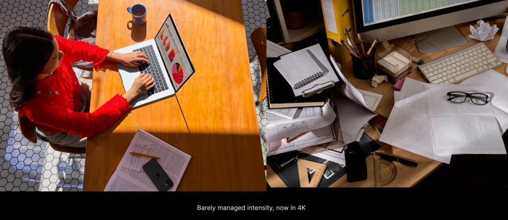 Split image of Mac for college students showing a calm study desk and a chaotic one, capturing barely managed intensity at university