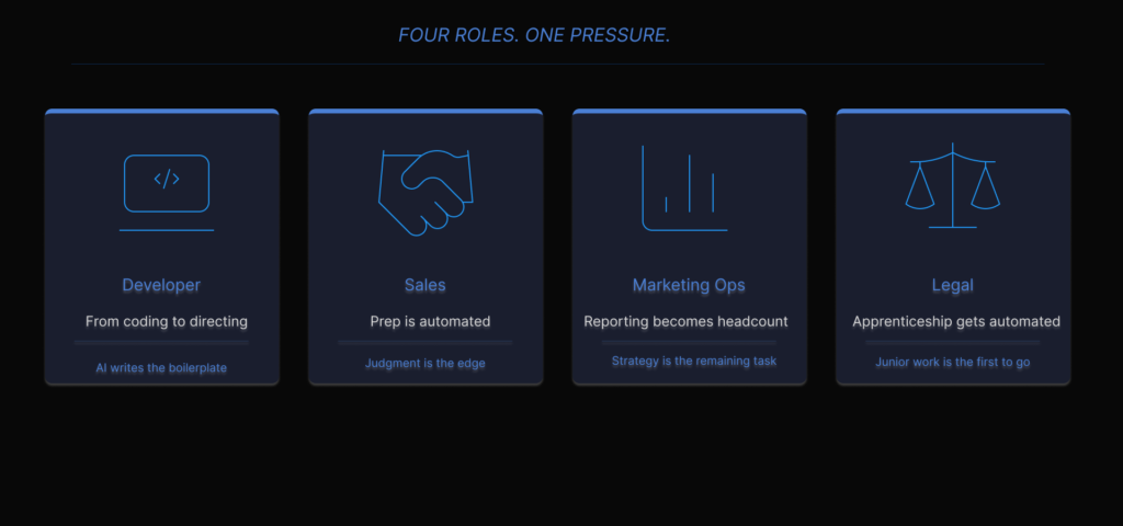 Four cards showing developer, sales, marketing ops and legal roles with one key AI pressure on each