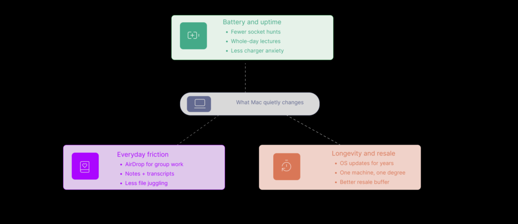 Diagram showing how Mac for college students quietly improves life with better battery and uptime, less everyday friction, and strong longevity and resale