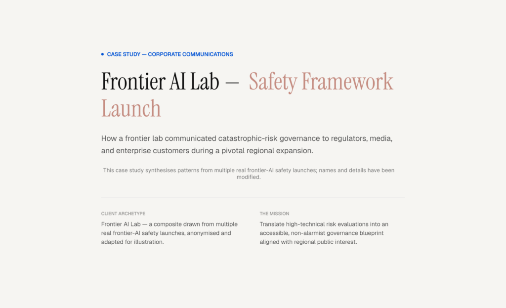 Case study hero for Frontier AI Lab safety framework launch showing title and summary of catastrophic‑risk governance communications.
