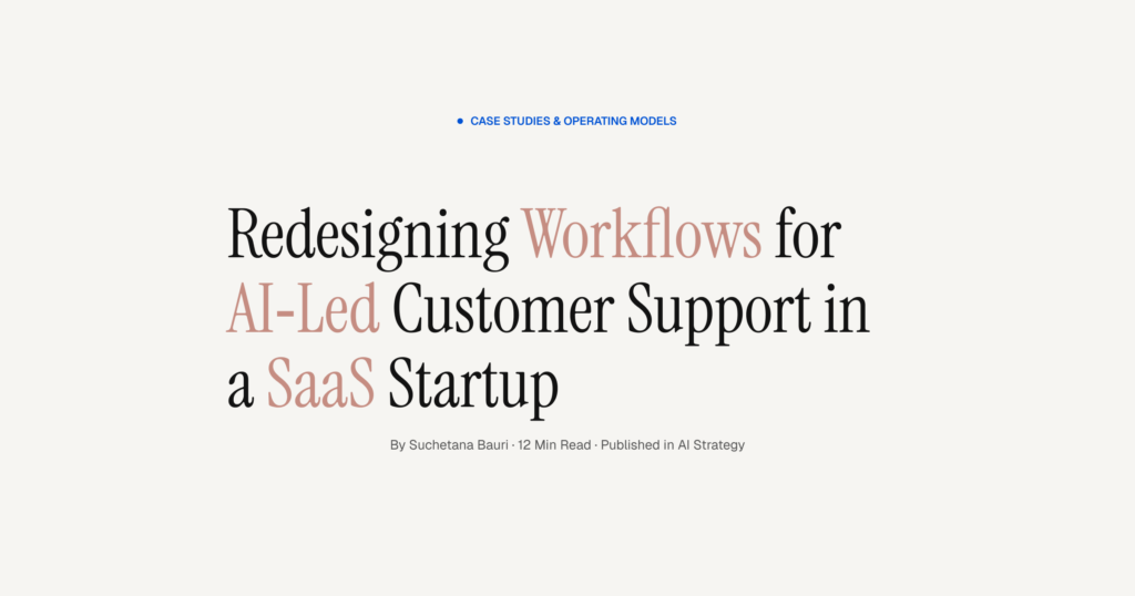 Article hero banner with the headline “Redesigning Workflows for AI‑Led Customer Support in a SaaS Startup” and subheading showing author, read time, and category.