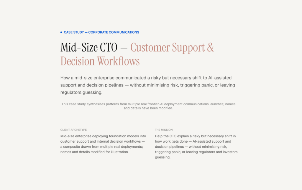 Case study hero for Mid‑Size CTO frontier AI deployment showing title and summary about communicating AI‑assisted support and decision workflows.