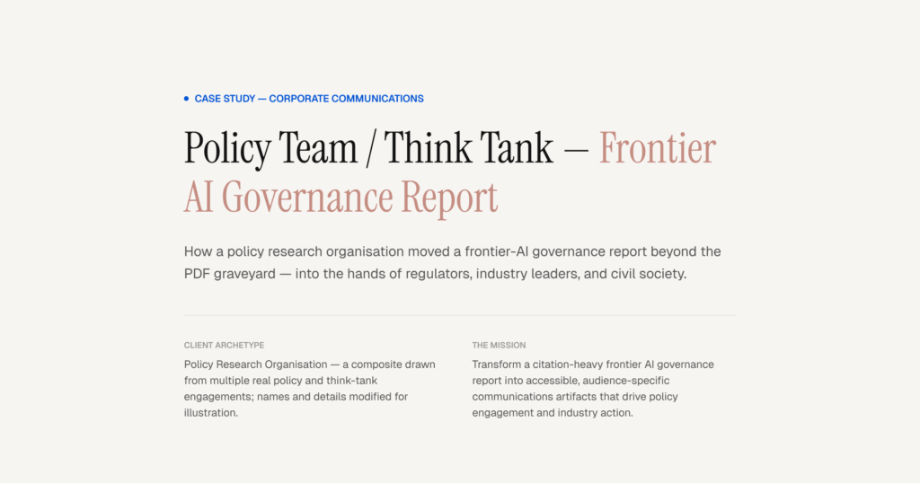 Case study hero for Policy Team / Think Tank frontier AI governance report showing title and summary about moving a report beyond the PDF graveyard.