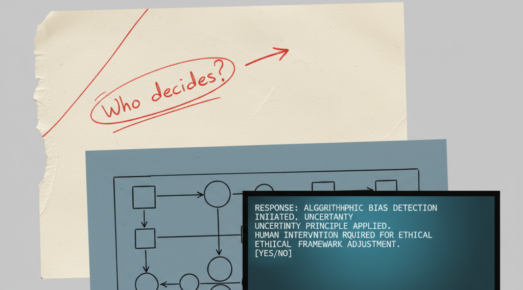Collage of a workflow diagram, AI system response and handwritten question asking who decides.
