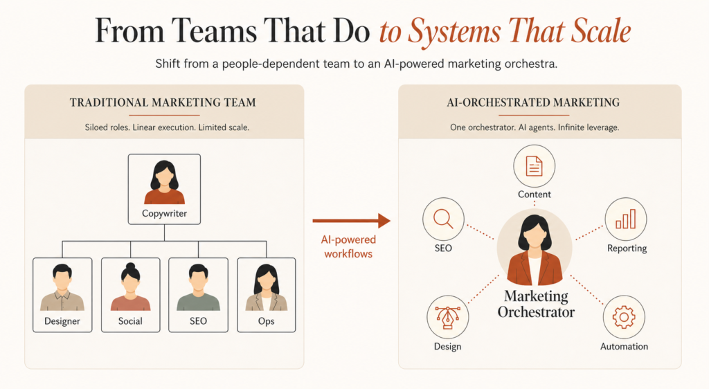 Infographic showing the shift from a traditional multi‑role marketing team to a single AI‑powered marketing orchestrator surrounded by agent icons.