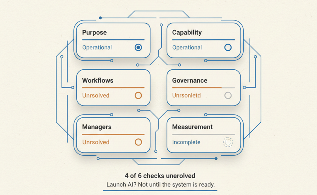 AI readiness console showing purpose, capability, workflows, governance, managers and measurement checks before an AI launch