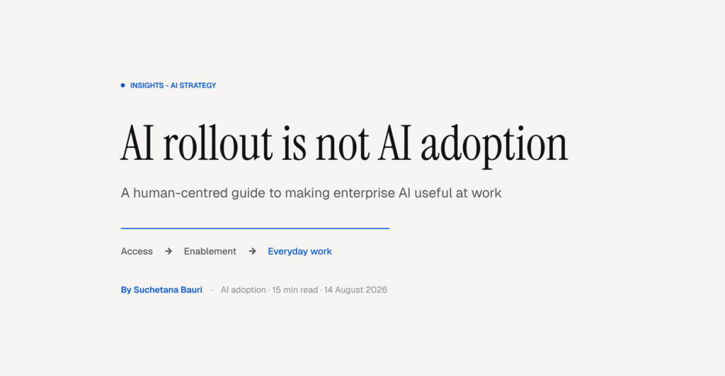 Hero graphic reading “AI rollout is not AI adoption” with the progression: Access, Enablement and Everyday work.