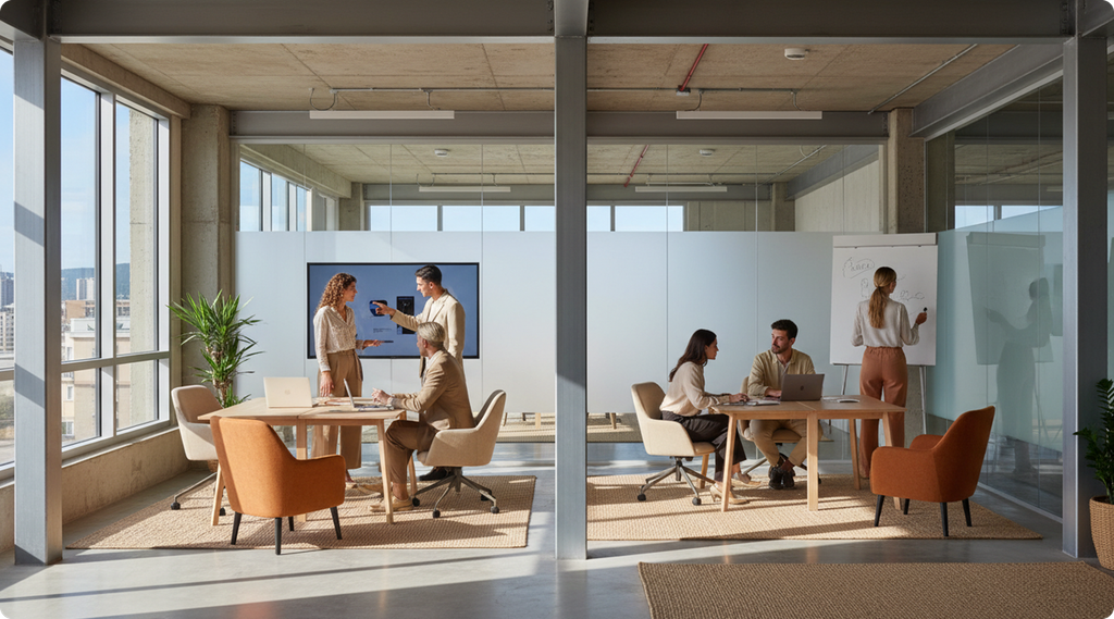 Employees discussing work and planning in two glass-walled meeting spaces in a modern office.
