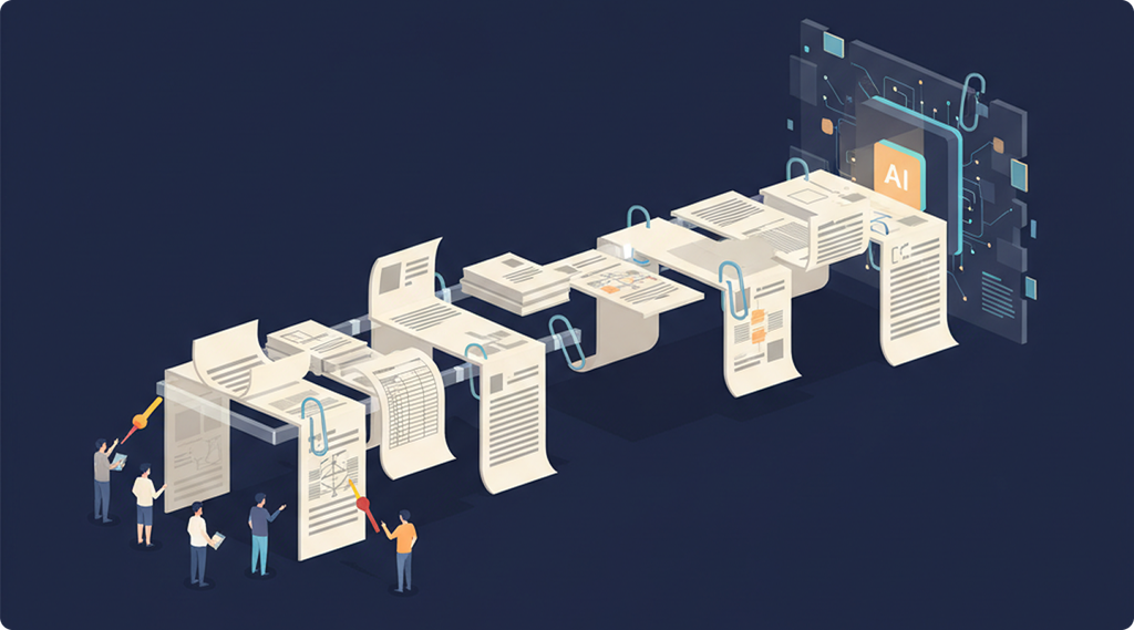 Illustration of employees reviewing documents and workflow records before they feed into an AI system.