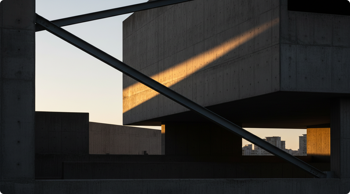 Sunlight crossing concrete structures and steel beams in a modern urban building