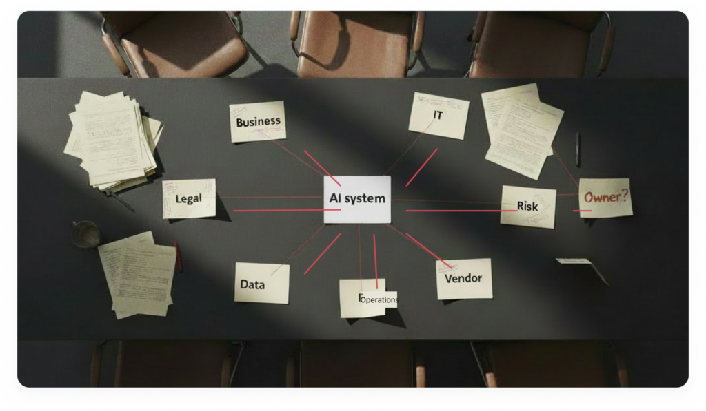 Empty boardroom table mapping an AI system to business, legal, IT, data, operations, risk and vendor roles, with no clear owner
