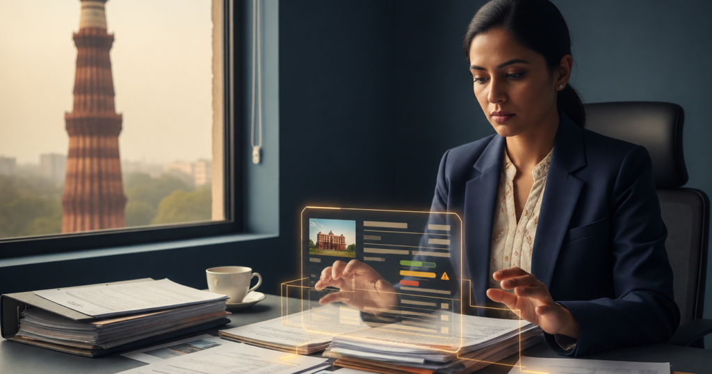 Commercial insurance underwriter reviews risk documents alongside an AI-assisted underwriting interface.
