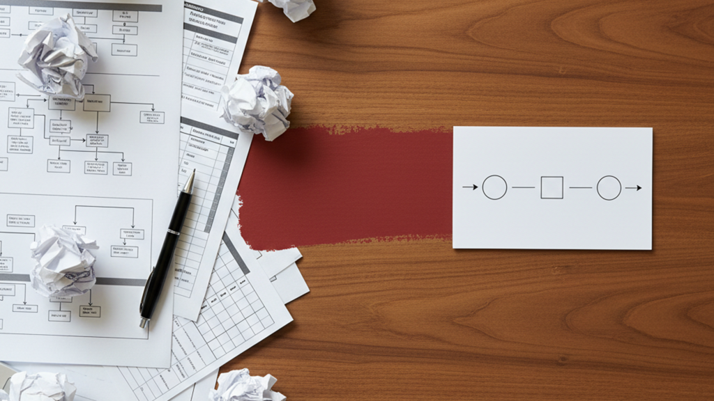 Editorial collage of cluttered workflow documents separated by a red painted route from a simplified process.