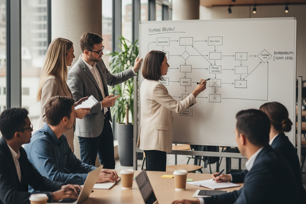 Cross-functional team mapping an AI-enabled workflow with human review and team accountability